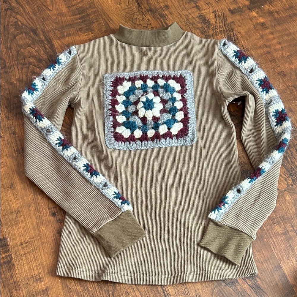 Brown Crochet Patch Long Sleeve Top